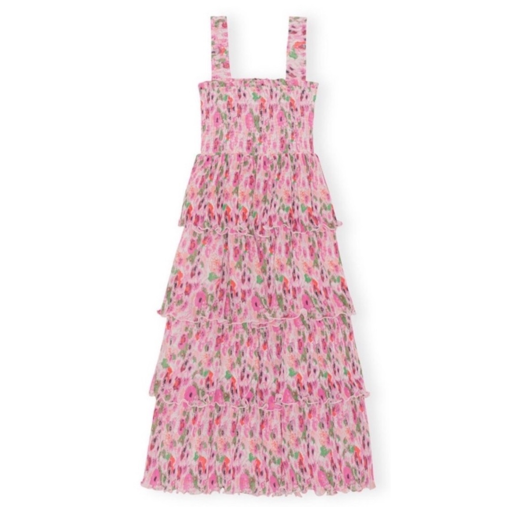 Ganni Pleated Georgette Smock Midi Dress